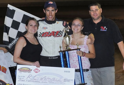 R.C. Whitwell celebrates his first Late Model victory. (dennisbrownfield.com)
