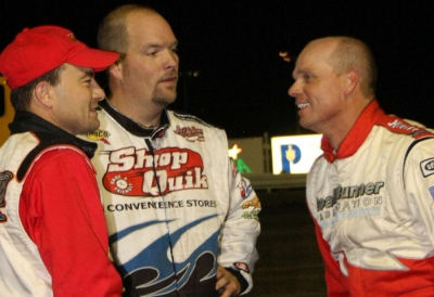 Winner Kelly Boen (right) chats after his feature win. (Justin Sly)