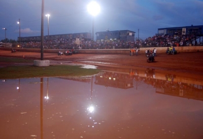 Water pooled in the infield at Columbus, Miss. (DirtonDirt.com)