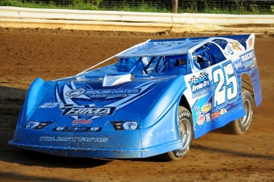 Josh Richards tunes up the Ernie Davis-owned car he drove to victory at Roaring Knob. (Jason Shank)