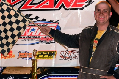 Ross White enjoys victory lane at Wartburg Speedway after his first Super Late Model triumph. (photobyconnie.com)