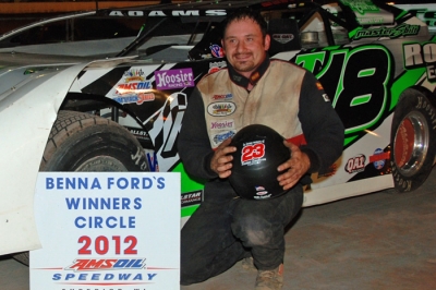 T.J. Adams poses in victory lane at Superior. (shooterguyphotos.com)