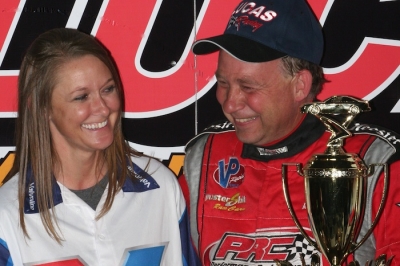 Amanda Francis joins her victorious husband in victory lane. (Barry Johnson)
