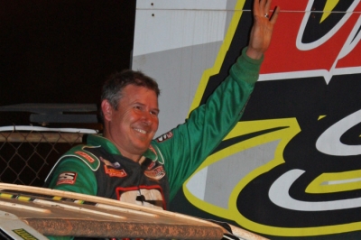 Jeff Smith waves to the Lancaster crowd in victory lane. (Gene Murphy)