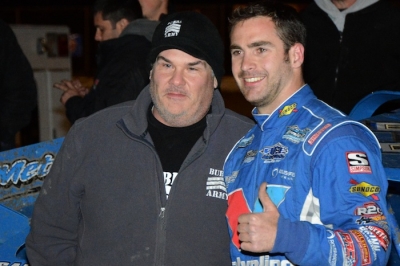 Track co-owner Bubba Clem joins Josh Richards in victory lane in Ocala, Fla. (Jason Shank)