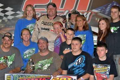 A crowded victory lane after Jackie Boggs won at 201 Speedway. (photobyconnie.com)
