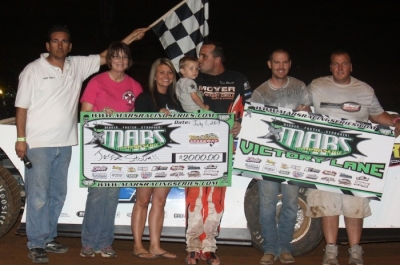 Jesse Stovall's team enjoys victory lane at West Siloam Speedway. (Ron Mitchell)