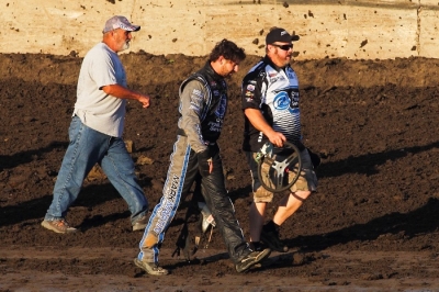 Jared Landers walks away after his Tri-City accident last month. (heathlawsonphotos.com)