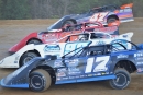 Four-wide Crate Late Model action Aug. 12 at Dog Hollow Speedway in Strongstown, Pa. (Mike Blazavich)