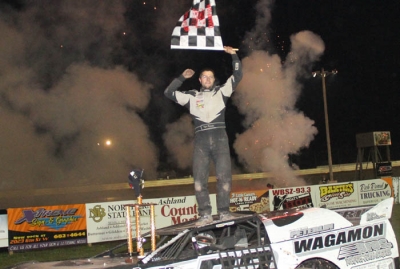 Kyle Peterlin celebrates his $4,000 victory at ABC Raceway. (Ken Johnson)