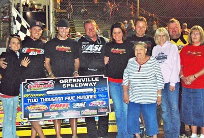 David Breazeale and supporters celebrate his victory at Greenville Speedway. (Tammy Davis)