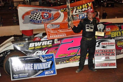 Hometown driver Chip Brindle celebrates his first Super Late Model victory. (mikessportsimages.com)