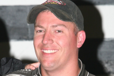 Chad Simpson smiles big after his fourth Yankee Dirt Track Classic victory. (Barry Johnson)