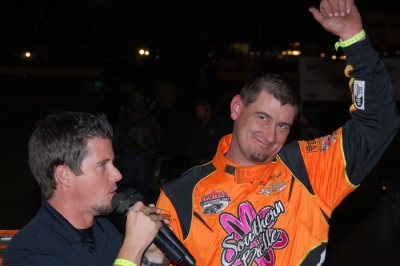 Bub McCool waves in victory lane after leading all 70 laps. (photobyconnie.com)