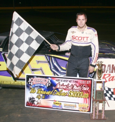 Jeep Van Wormer picks up the first of two weekend checkered flags, this one at Oakshade Raceway. (Charlie Orns)