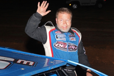 Wendell Wallace reaches victory lane at ArkLaTex Speedway. (Woody Hampton)