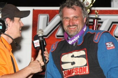 Dennis Erb Jr. enjoys victory lane at Brownstown. (Jeremey Rhoades)