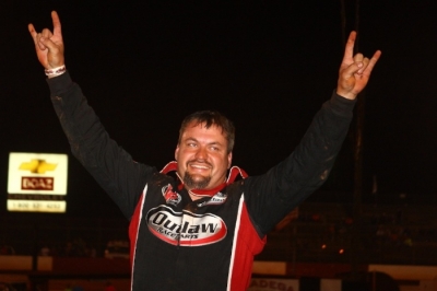 Randy Weaver celebrates in victory lane at Talladega. (Heath Lawson)