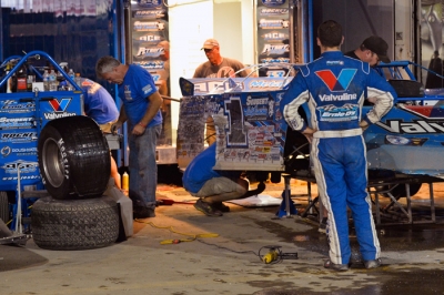 Richards looks over his car at Eldora earlier this season. (thesportswire.net)
