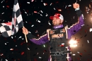Brandon Overton celebrates Saturday at Modoc Raceway, where the Evans, Ga., driver won $7,000 for his second career Drydene Xtreme DIRTcar Series victory. (Kevin Ritchie)