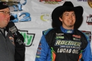 Garrett Alberson is all smiles Jan. 12 at Vado (N.M.) Speedway after his first career Wild West Shootout presented by O&#039;Reilly Auto Parts victory. (mikerueferphotos.photoreflect.com)