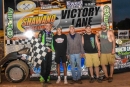 Nick Anvelink&#039;s team enjoys victory lane June 25 after his Wabam Dirt Kings Tour victory at Shawano (Wis.) Speedway. (Chad Marquardt)