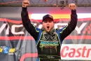 Cody Bauer of Farwell, Mich., celebrates after winning the $5,000 25-lap Gateway Dirt Nationals prelim feature at the Dome at America&#039;s Center in St. Louis, Mo., on Friday, Dec. 2, 2022. (photosbyboyd.smugmug.com)