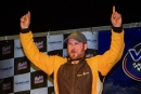 Dylan Yoder celebrates his $5,000 Turk Burket Tribute victory May 26 at Bedford (Pa.) Speedway. (Jason Walls/wrtspeedwerx.com)
