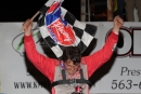 Andrew Kosiski celebrates May 27 at Maquoketa (Iowa) Speedway after his first victory on the Hoker Trucking Series. (mikerueferphotos.photoreflect.com)