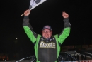 Jason Feger celebrates Sept. 29&#039;s DIRTcar Fall Nationals victory at Lincoln (Ill.) Speedway. He overcame an early flat tire to lead the final three laps. (brendonbauman.com)