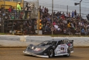 Hudson O'Neal of Martinsville, Ind., crosses the Valvoline American Late Model Iron Man Series checkers on June 1 at Atomic Speedway in Alma, Ohio. (Tyler Carr)