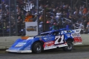 Hudson O&#039;Neal takes the checkers May 13 at Marshalltown (Iowa) Speedway for his third FloRacing Night in America presented by Kubota victory at the track. (joshjamesartwork.com)