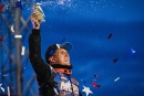 Nick Hoffman celebrates June 27's World of Outlaws Real American Beer Late Model Series victory at River Cities Speedway in Grand Forks, N.D. (Emily Schwanke/woolms.com)