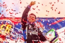 A triumphant Devin Moran in June 27's Firecracker 100 at Lernerville Speedway in Sarver, Pa., on the Lucas Oil Late Model Dirt Series. (heathlawsonphotos.com)