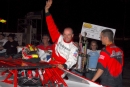 Kelly Boen of Henderson, Colo., waves to the crowd at Mid-Nebraska Speedway in Doniphan, Neb., after capturing the weekend opener of an NCRA-CLMA doubleheader on July 20, 2007. (Jerry Jacobs)