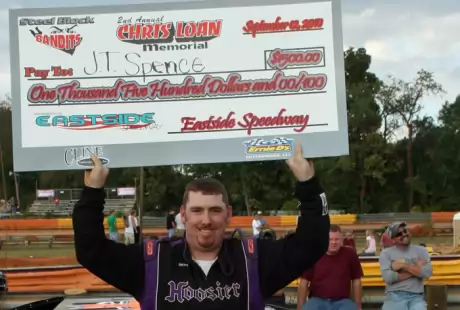 J.T. Spence visits Eastside's victory lane. (Clifford Dove)