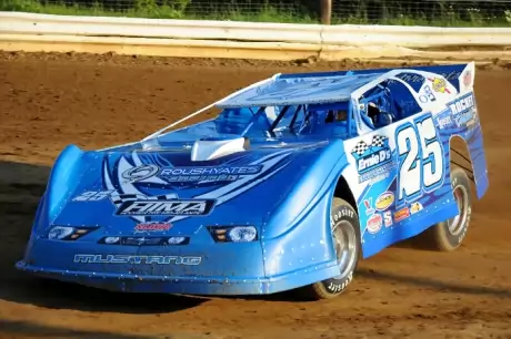 Josh Richards tunes up the Ernie Davis-owned car he drove to victory at Roaring Knob. (Jason Shank)