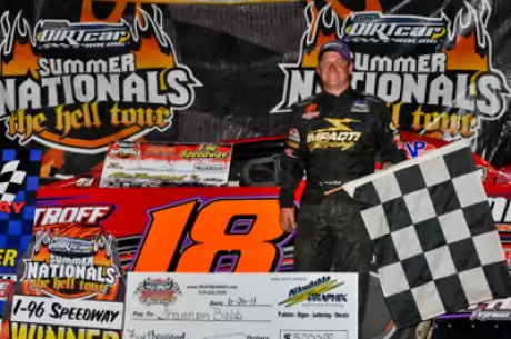 Shannon Babb visits victory lane at I-96. (randyellenphotography.com)