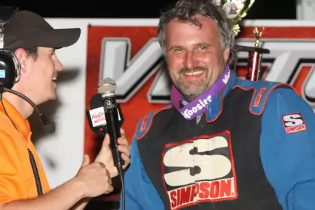 Dennis Erb Jr. enjoys victory lane at Brownstown. (Jeremey Rhoades)