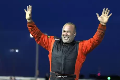 Jimmy Segraves celebrates his first NCRA victory at Belleville. (Todd Boyd)