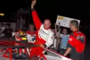 Kelly Boen of Henderson, Colo., waves to the crowd at Mid-Nebraska Speedway in Doniphan, Neb., after capturing the weekend opener of an NCRA-CLMA doubleheader on July 20, 2007. (Jerry Jacobs)
